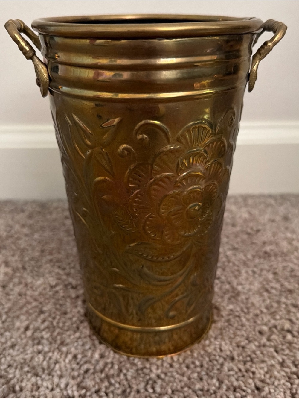 Vintage Hosley Brass French Bucket Vase with Handles 8 inches Tall